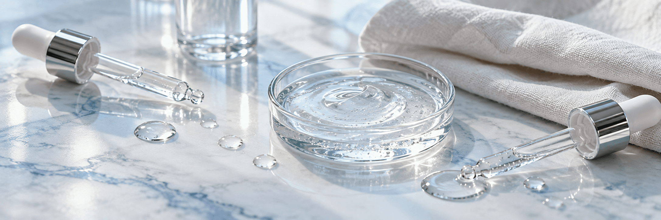 Unbranded skincare droppers, serum gel, and linen